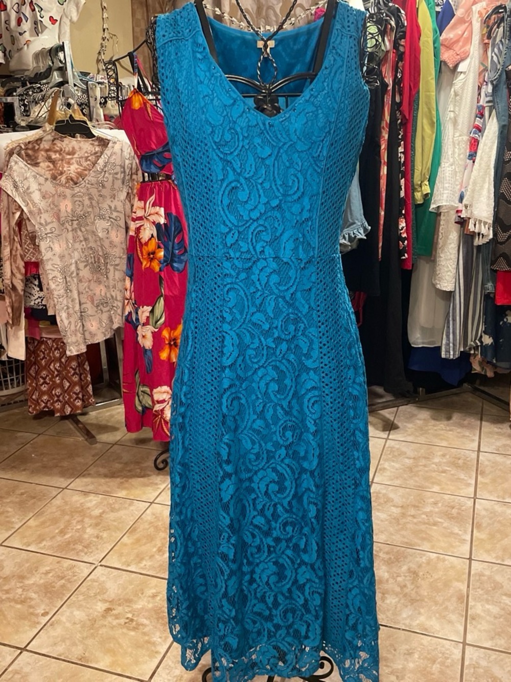 Reba Teal Lace Midi Dress